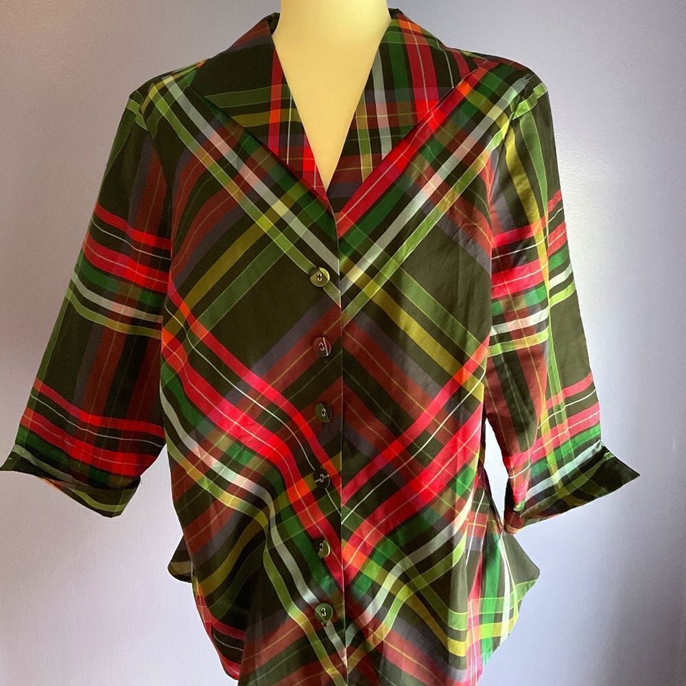 Coldwater Creek Pink/Green Plaid  Silk-Polyester Blouse PXL